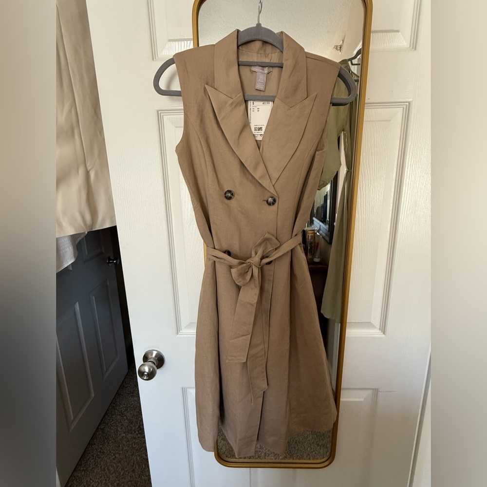 H&M Khaki Tan Linen Blend Double-Breasted Sleeveless Dress | XS
